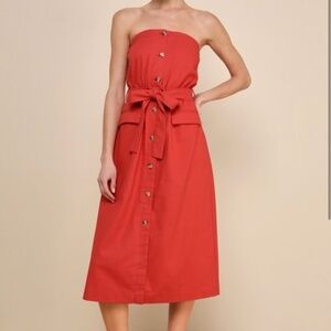 Lulus Sardinia Sun Rust Red Linen Strapless Midi Dress With Pockets - Size M